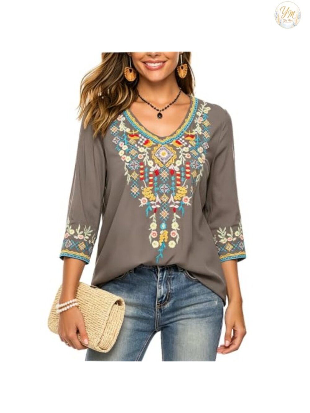 Womens Embroidered Tunic Blouse 3/4 Sleeve V Neck Cotton Rayon Peasant Top Boho